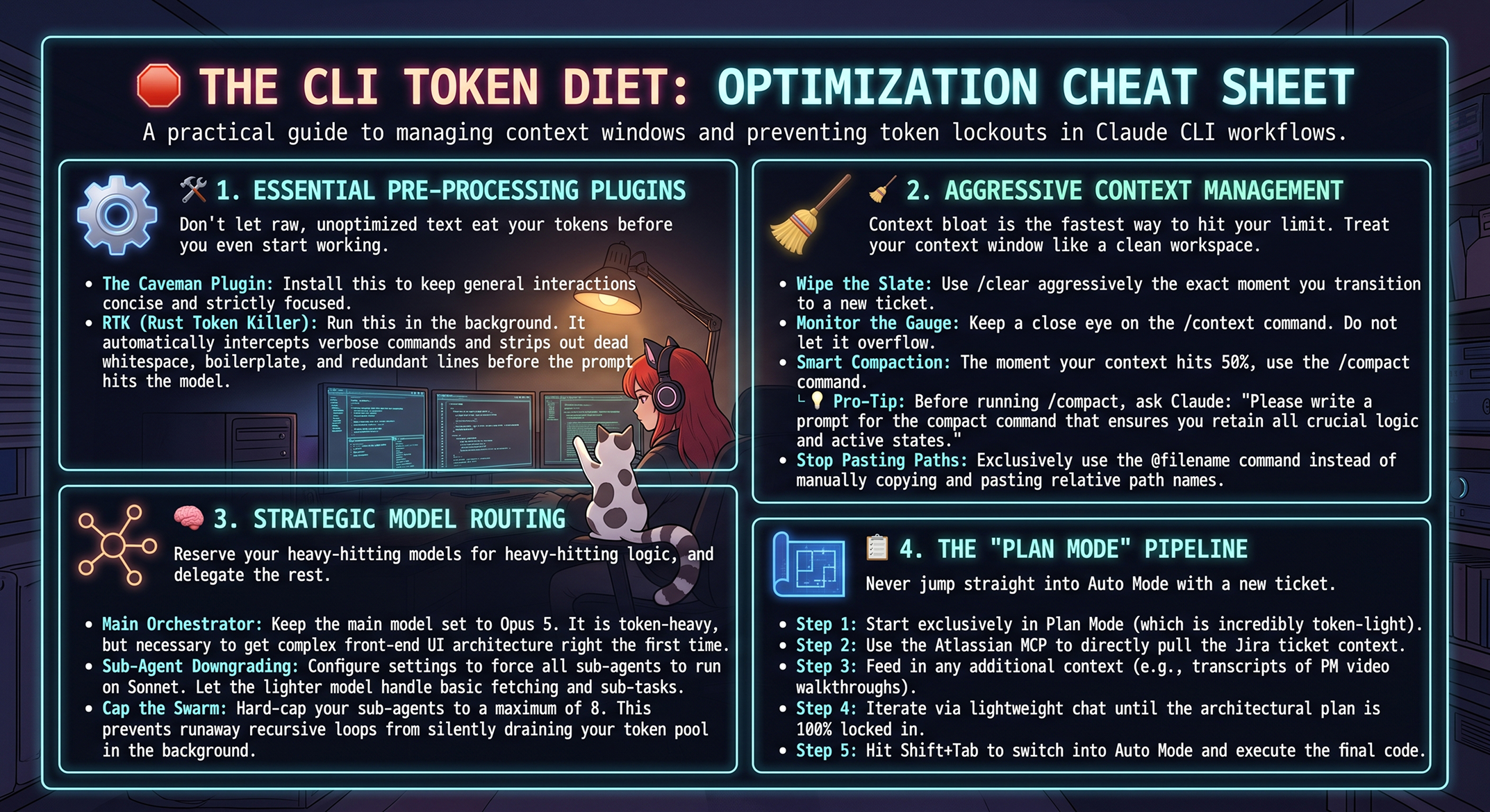 Claude CLI Token-Saving Checklist — a printable reference for context optimization, model routing, and Plan Mode workflow