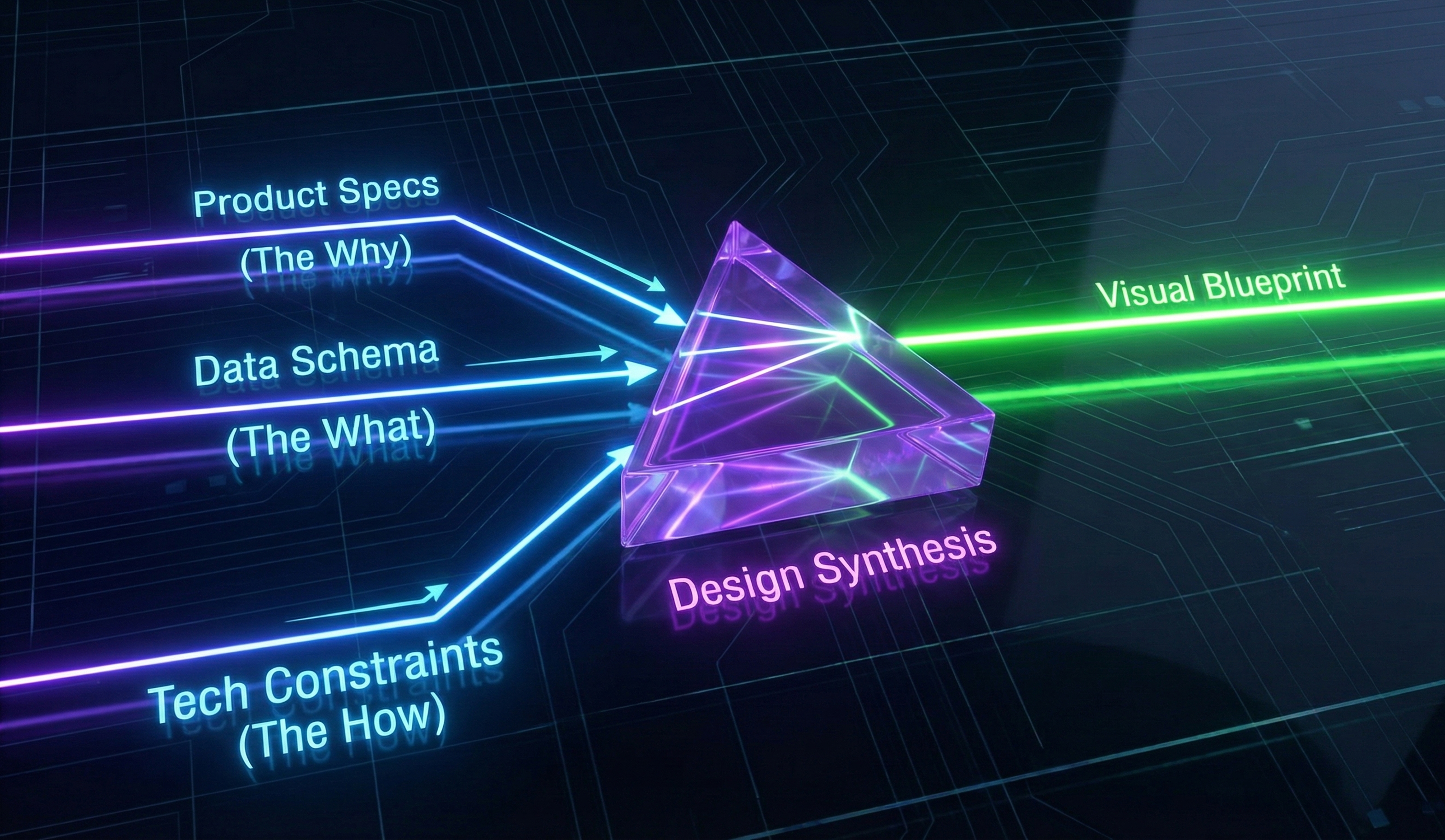 Design synthesis diagram showing how technical constraints and business requirements are translated into design files, with Data Architects, Software Architects, and Product Managers feeding into the synthesis process