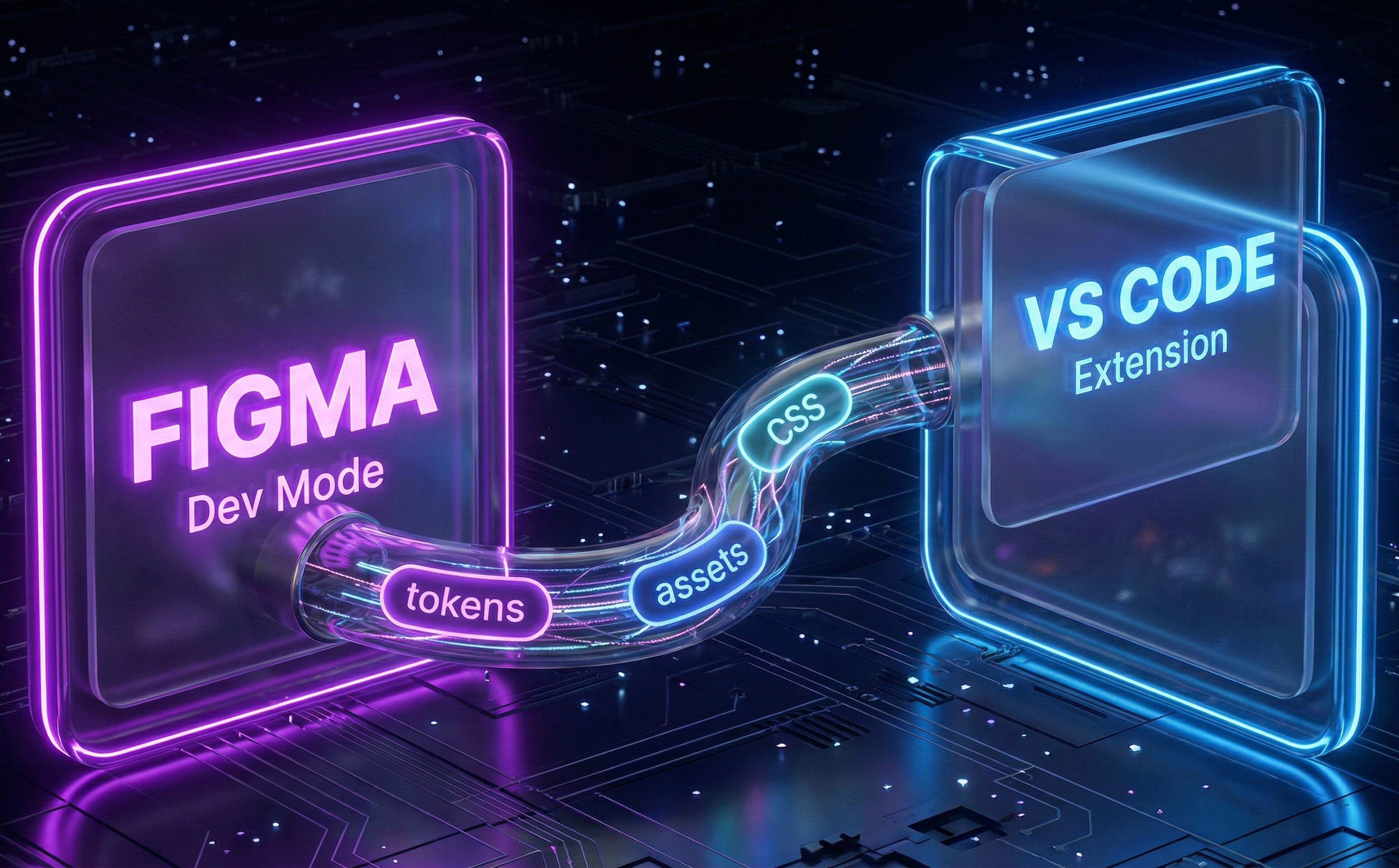 Figma to code workflow diagram showing seamless integration between Figma Dev Mode and VS Code, demonstrating developer-centric handoff process with reduced context switching