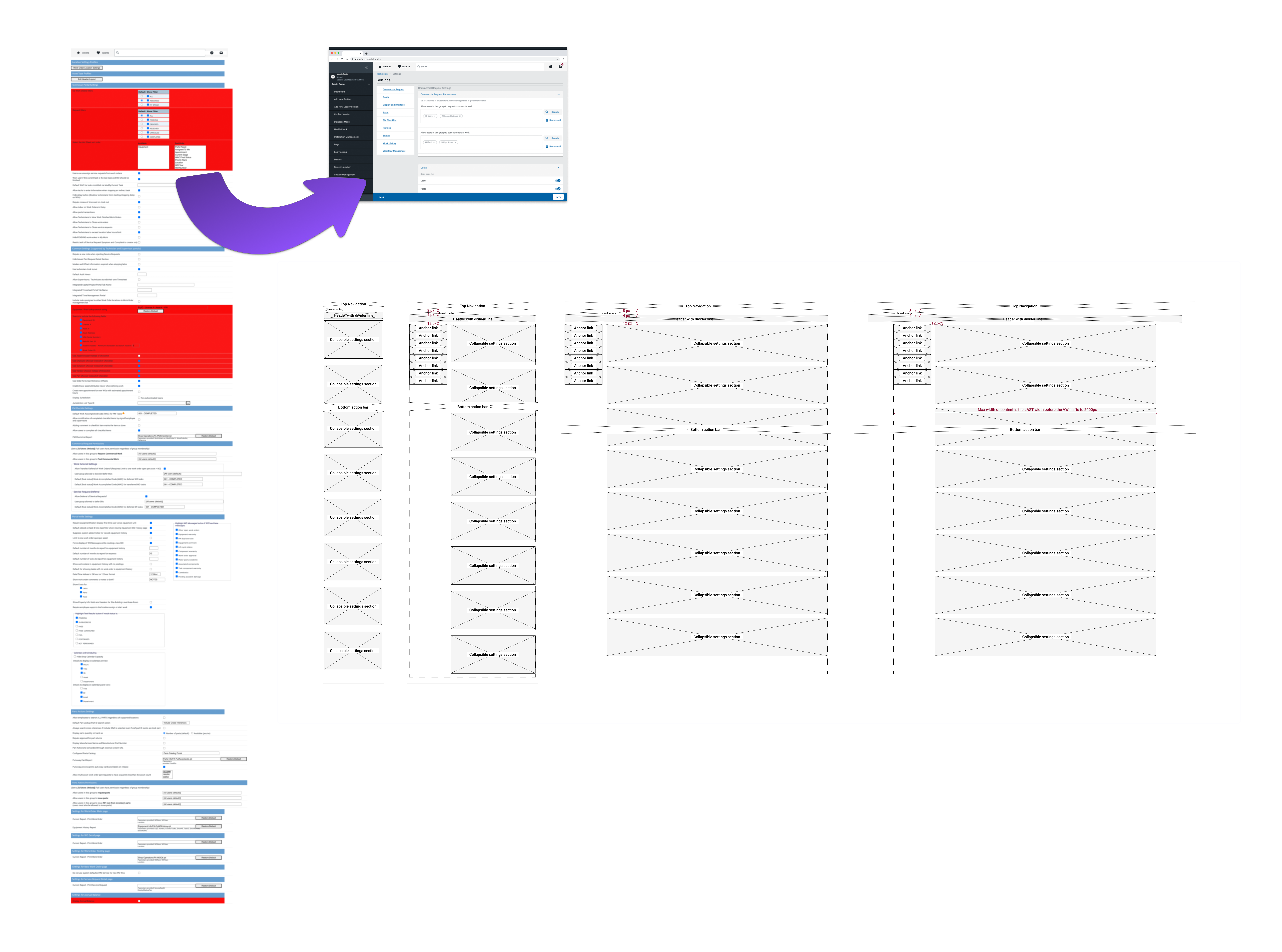 Before and after comparison showing legacy settings versus standardized responsive settings pattern with helper text
