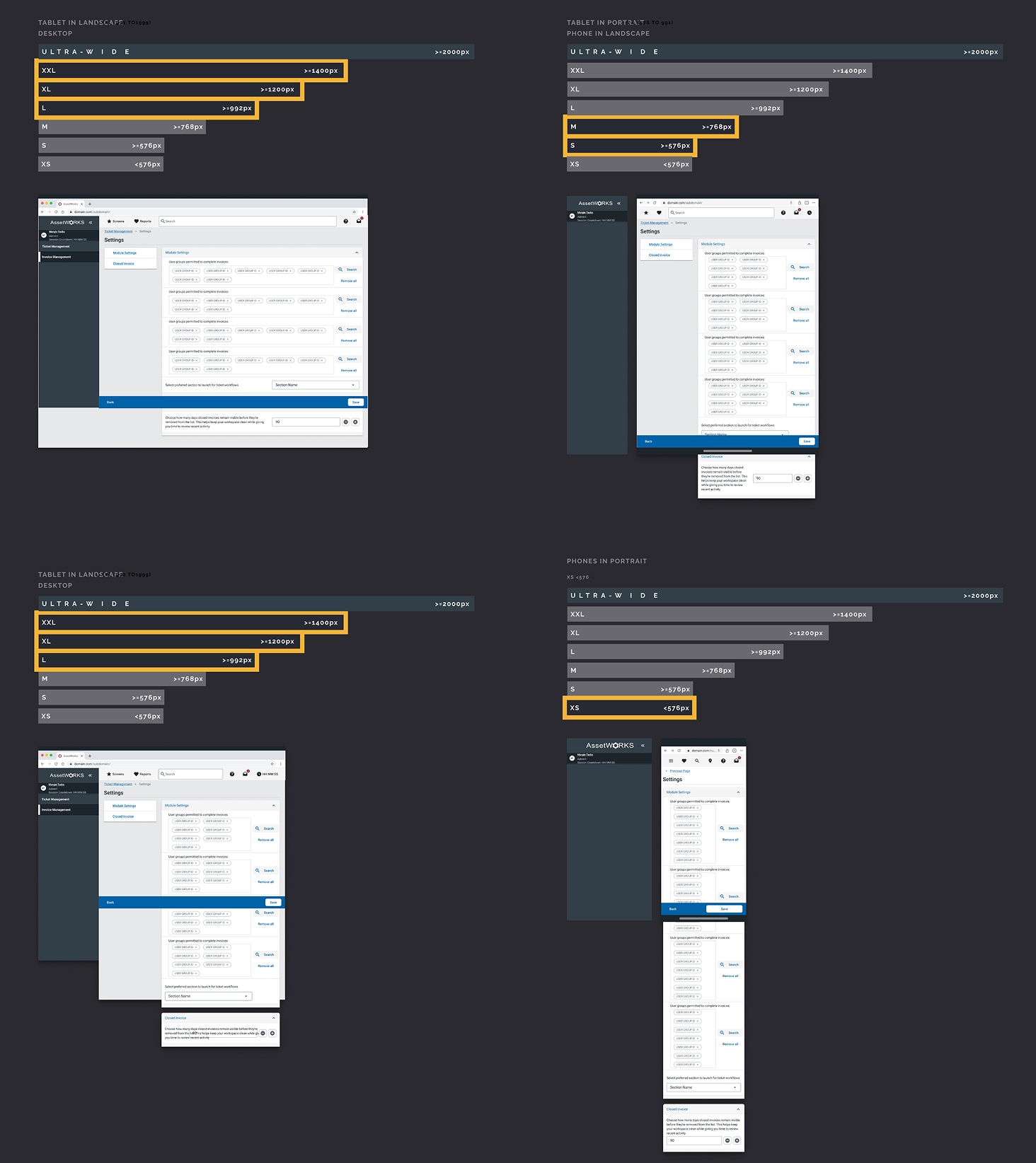 Responsive logic and breakpoints showing how components reflow across view widths