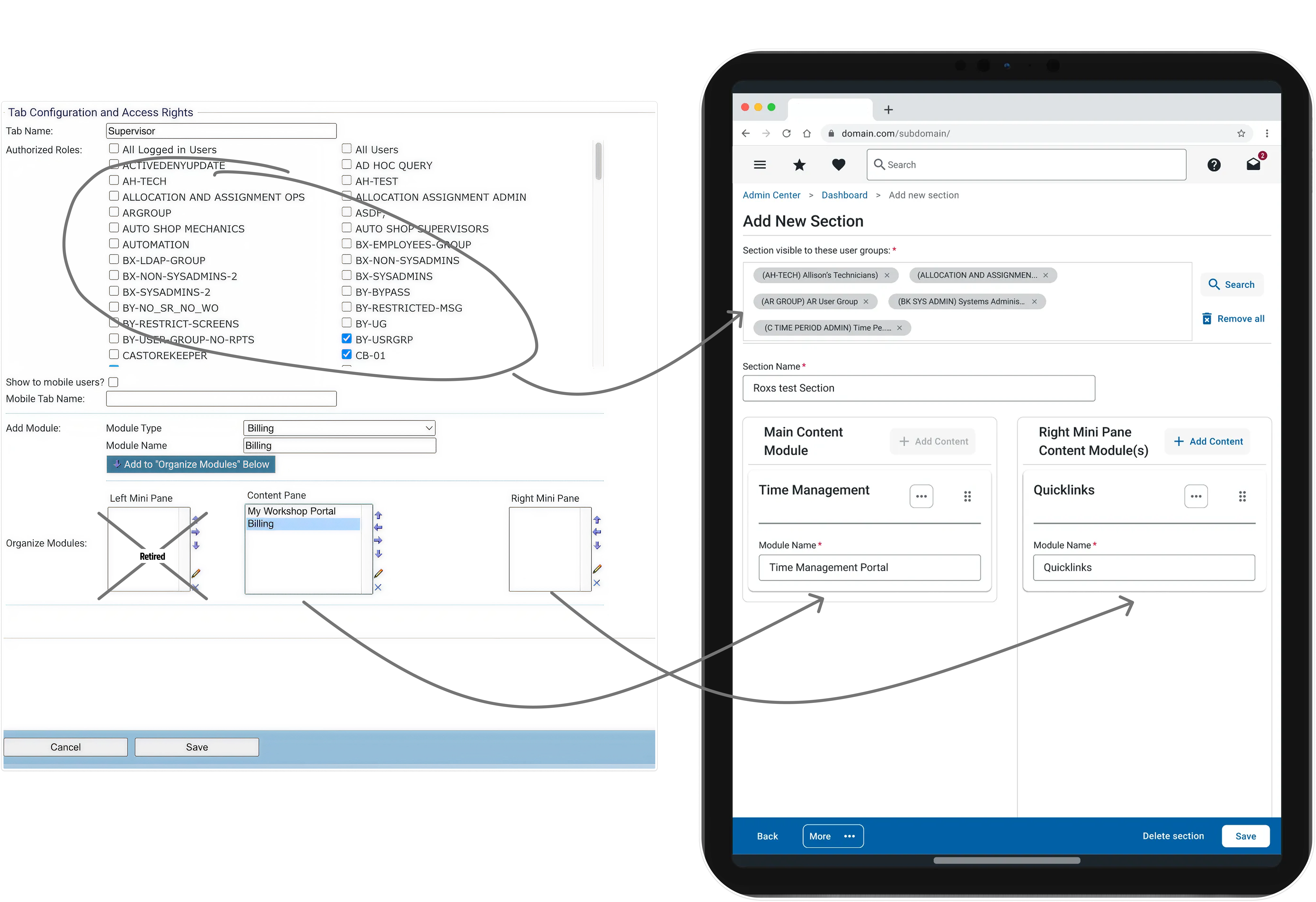 Before and after comparison showing legacy static tabs versus new modular section architecture with responsive design
