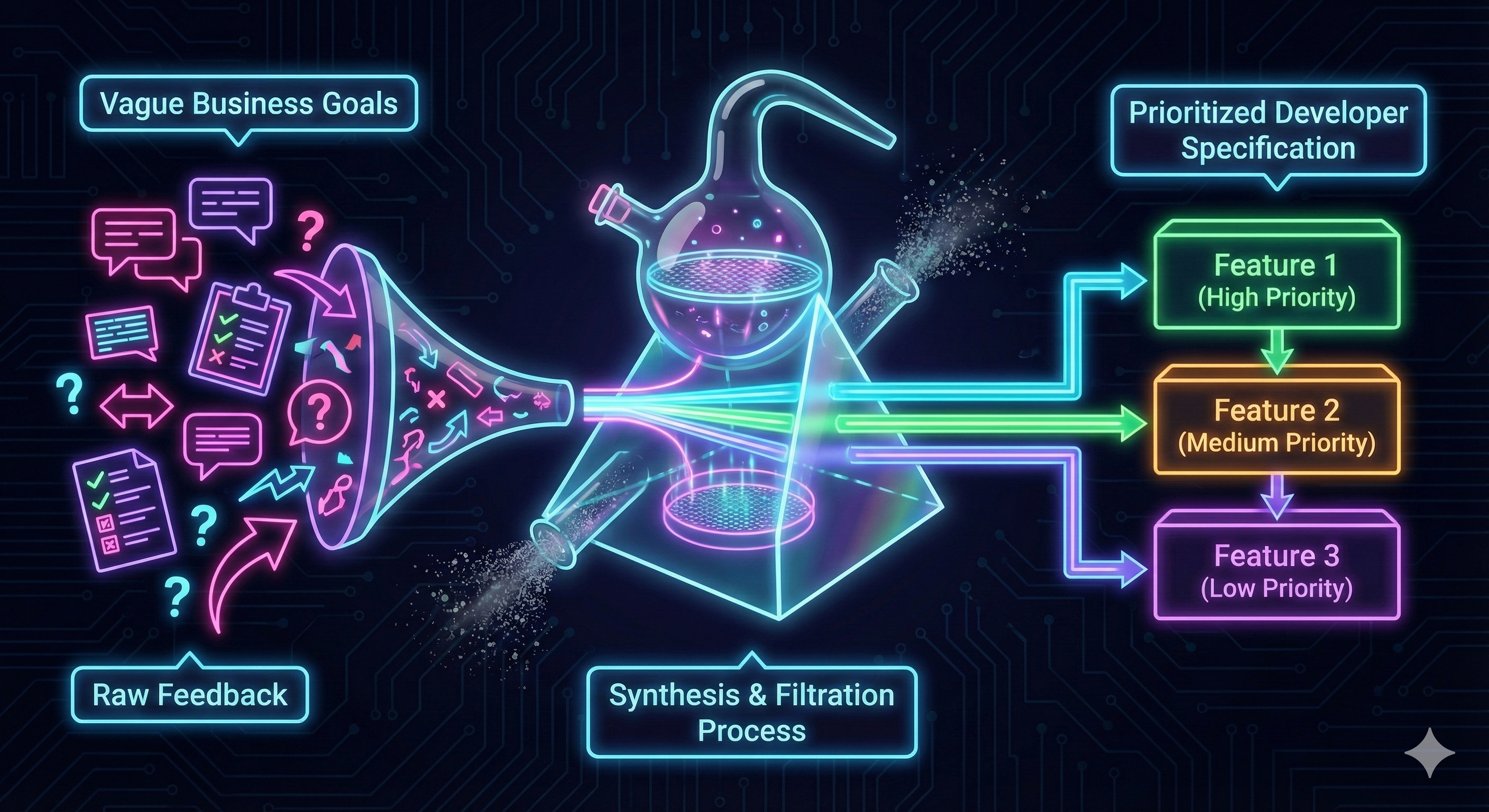 Feature prioritization roadmap translating vague business goals into a prioritized developer specification