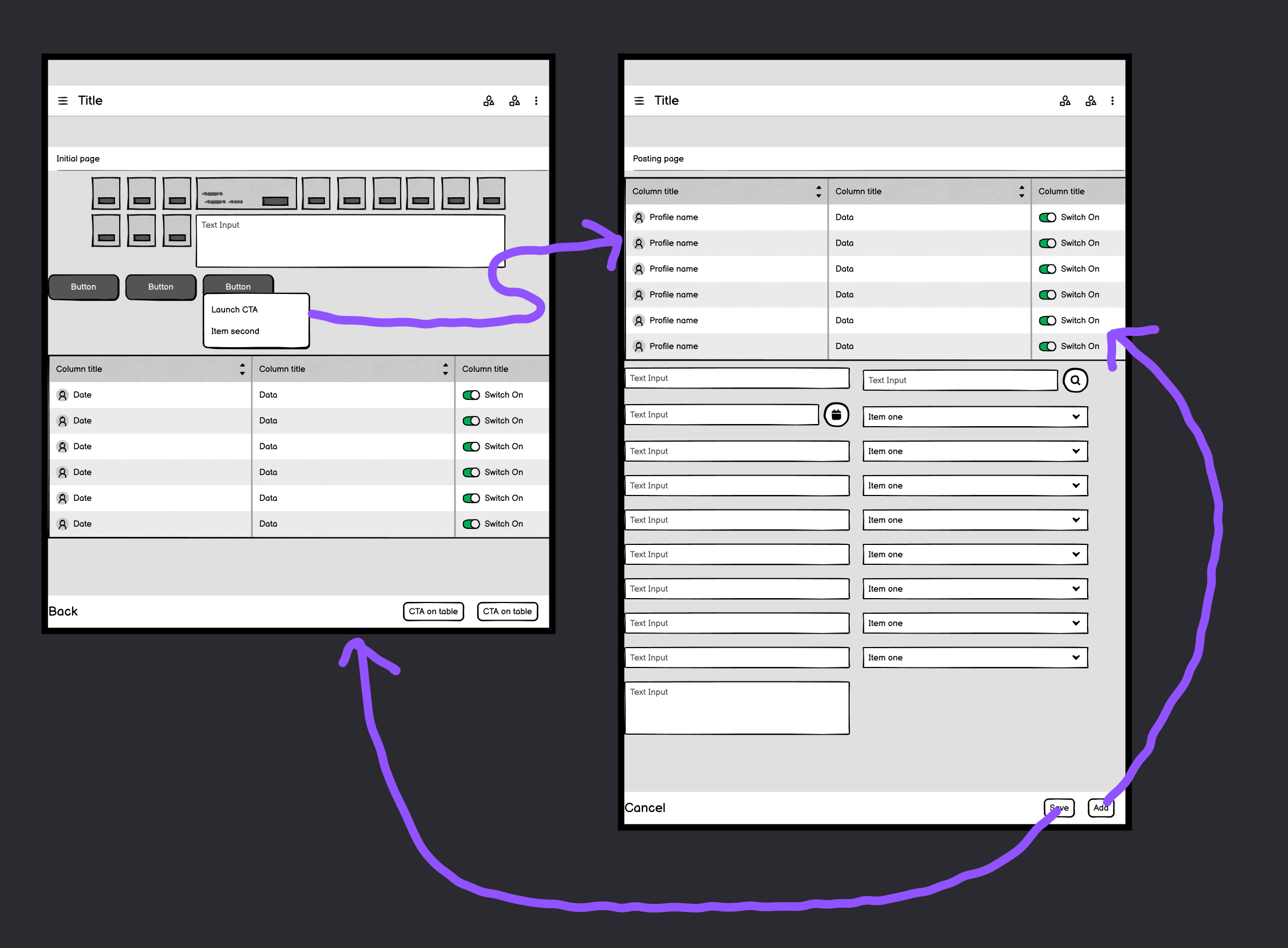 Original workflow wireframe showing full page form with data staged above the form